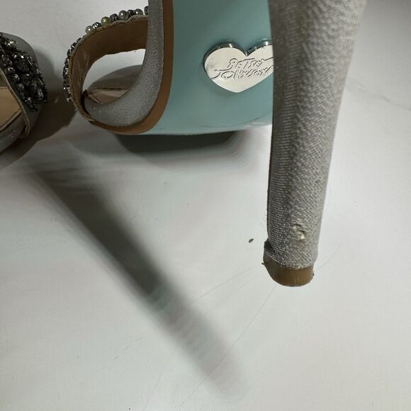 Blue by Betsey Johnson Juno Womens Sz 6 M Rhinestone Beaded Silver Heels Sandals - Picture 6 of 11